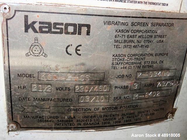 Used Kason Screeners Model 
 K60-2-CS. Driven by a 2-1/2hp 3/60/230/460v motor. 7.3/3.65 Amps. Serial# M-8402