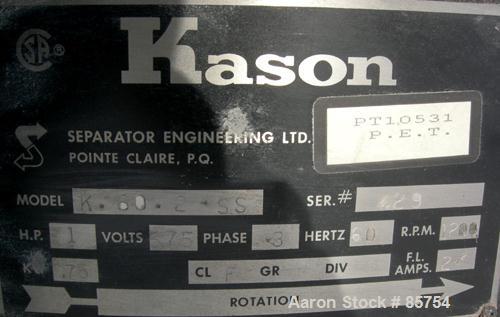 USED: Kason high capacity recycle clarifier/screener, model K60-2-SS, 304 stainless steel. 60" diameter, double deck, 3 separation, includes top cover. Driven by a 1 hp, 3/60/575 volt, 1200 rpm motor...