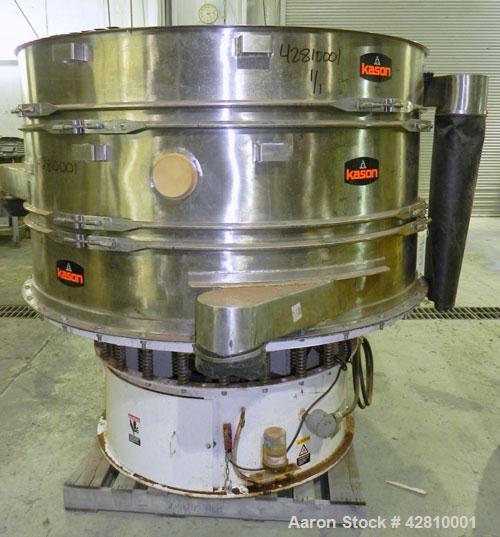 Used Kason Screener, Model K-72-2-SS, 304 Stainless Steel. 72" Diameter, double deck, 3 separation, no top cover. Driven by a 5hp, 3/60/460 volt, motor. Mounted on a carbon steel base. Built 2008.