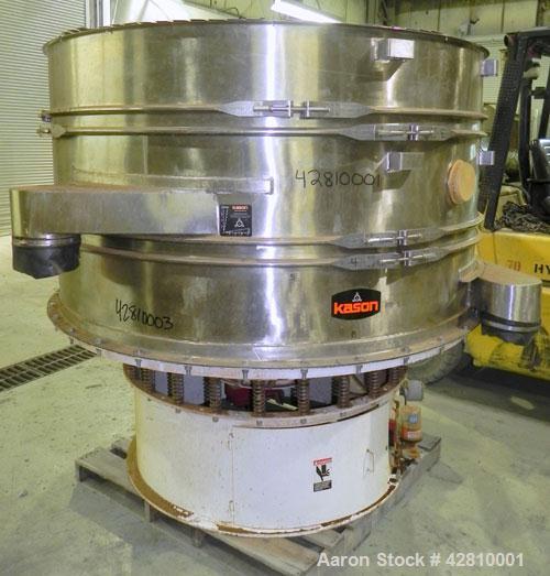 Used Kason Screener, Model K-72-2-SS, 304 Stainless Steel. 72" Diameter, double deck, 3 separation, no top cover. Driven by a 5hp, 3/60/460 volt, motor. Mounted on a carbon steel base. Built 2008.