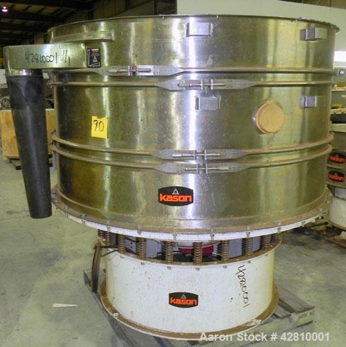 Used Kason Screener, Model K-72-2-SS, 304 Stainless Steel. 72" Diameter, double deck, 3 separation, no top cover. Driven by a 5hp, 3/60/460 volt, motor. Mounted on a carbon steel base. Built 2008.