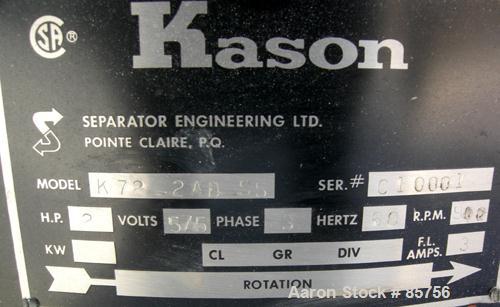 USED: Kason high capacity recycle clarifier/screener, model K72-2AD-SS, 304 stainless steel. 72" diameter, double deck, 3 separation, includes top cover. Driven by a 2 hp, 3/60/575 volt, 900 rpm moto...