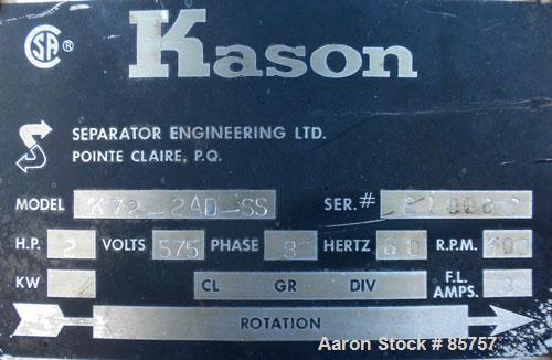 Used Kason High Capacity Recycle Clarifier/Screener, Model K72-2AD-SS, 304 Stainless Steel. 72" diameter, double deck, 3 separation. Driven by a 2 hp, 3/60/480 volt, 900 rpm motor. Mounted on a carbo...