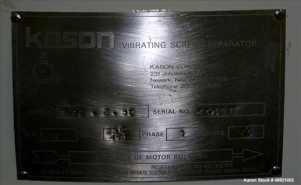 Used Kason Vibrating Screen Separator, Model K-72-2-SS