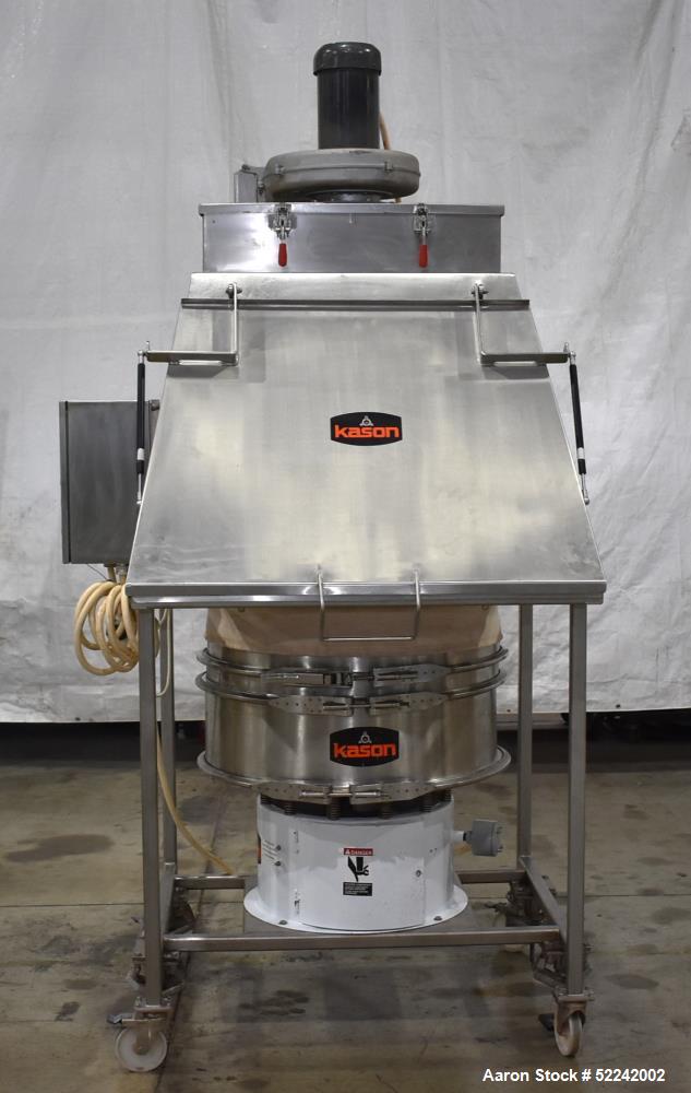 Used Kason Vibratory Flo-Thru Bag Dump Screener with Dust Collector, Model KEDS-K30-1-SS, Stainless Steel. 30" Diameter. Single deck, single separation. Driven by .33hp, 3/60/230/460 volt, 1140 rpm m...