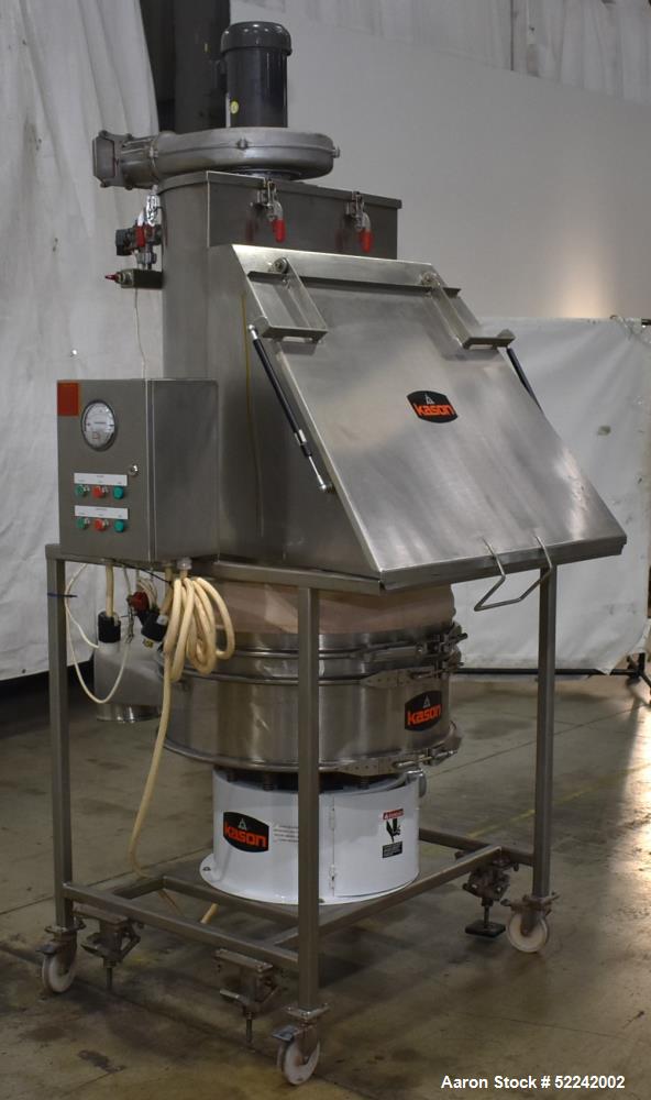 Used Kason Vibratory Flo-Thru Bag Dump Screener with Dust Collector, Model KEDS-K30-1-SS, Stainless Steel. 30" Diameter. Single deck, single separation. Driven by .33hp, 3/60/230/460 volt, 1140 rpm m...