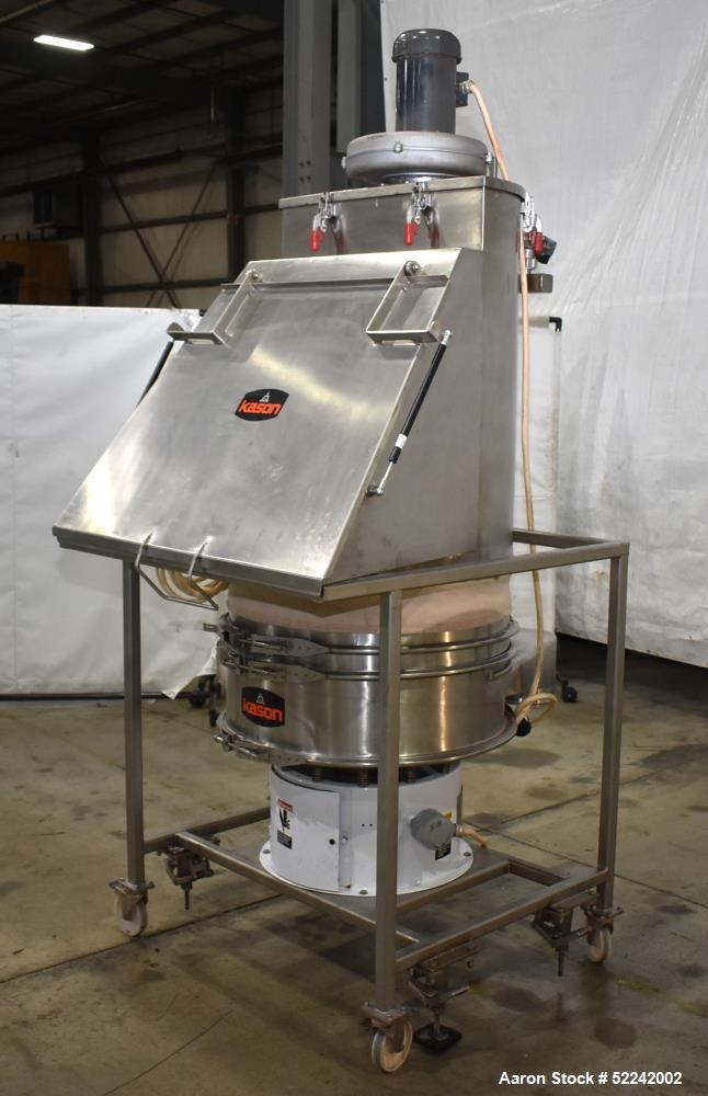 Used Kason Vibratory Flo-Thru Bag Dump Screener with Dust Collector, Model KEDS-K30-1-SS, Stainless Steel. 30" Diameter. Single deck, single separation. Driven by .33hp, 3/60/230/460 volt, 1140 rpm m...