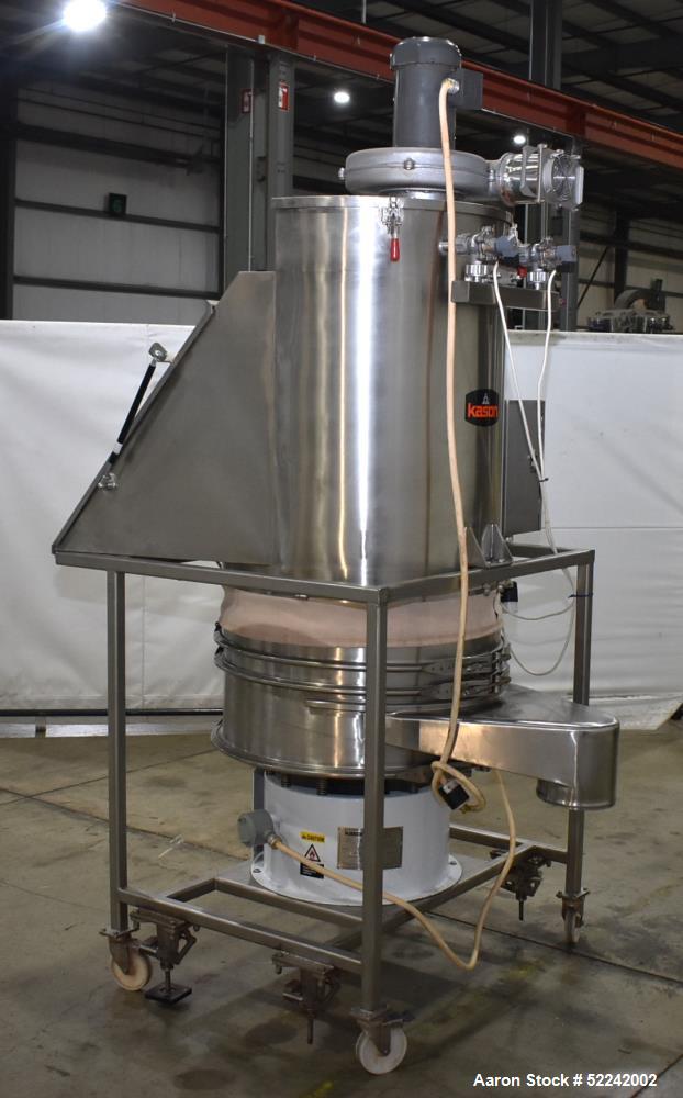 Used Kason Vibratory Flo-Thru Bag Dump Screener with Dust Collector, Model KEDS-K30-1-SS, Stainless Steel. 30" Diameter. Single deck, single separation. Driven by .33hp, 3/60/230/460 volt, 1140 rpm m...