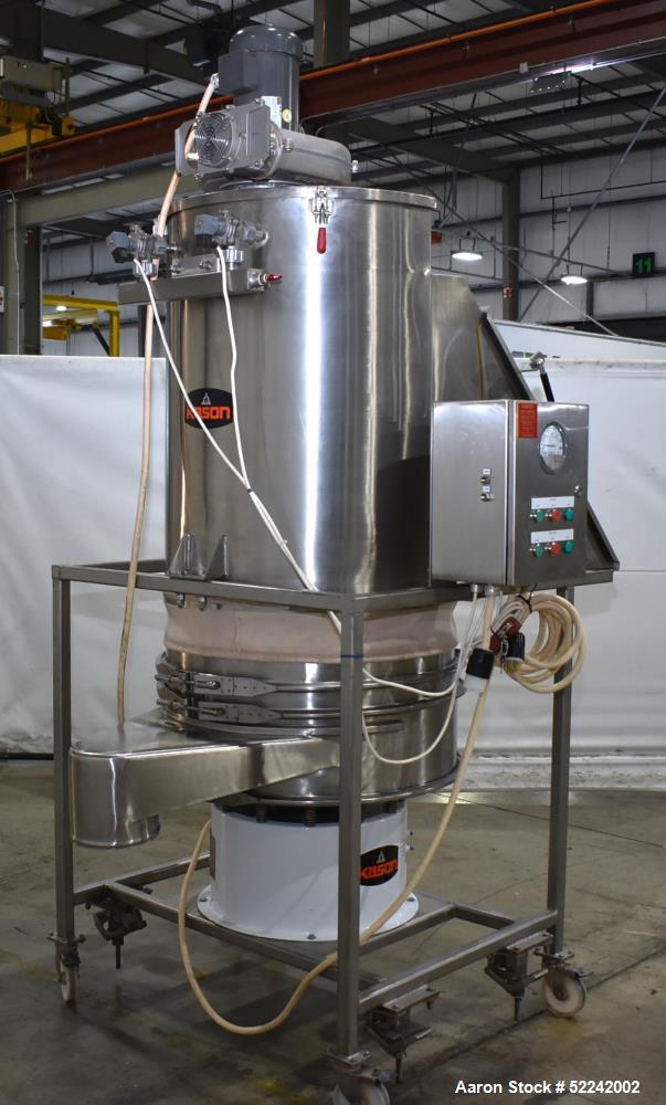 Used Kason Vibratory Flo-Thru Bag Dump Screener with Dust Collector, Model KEDS-K30-1-SS, Stainless Steel. 30" Diameter. Single deck, single separation. Driven by .33hp, 3/60/230/460 volt, 1140 rpm m...
