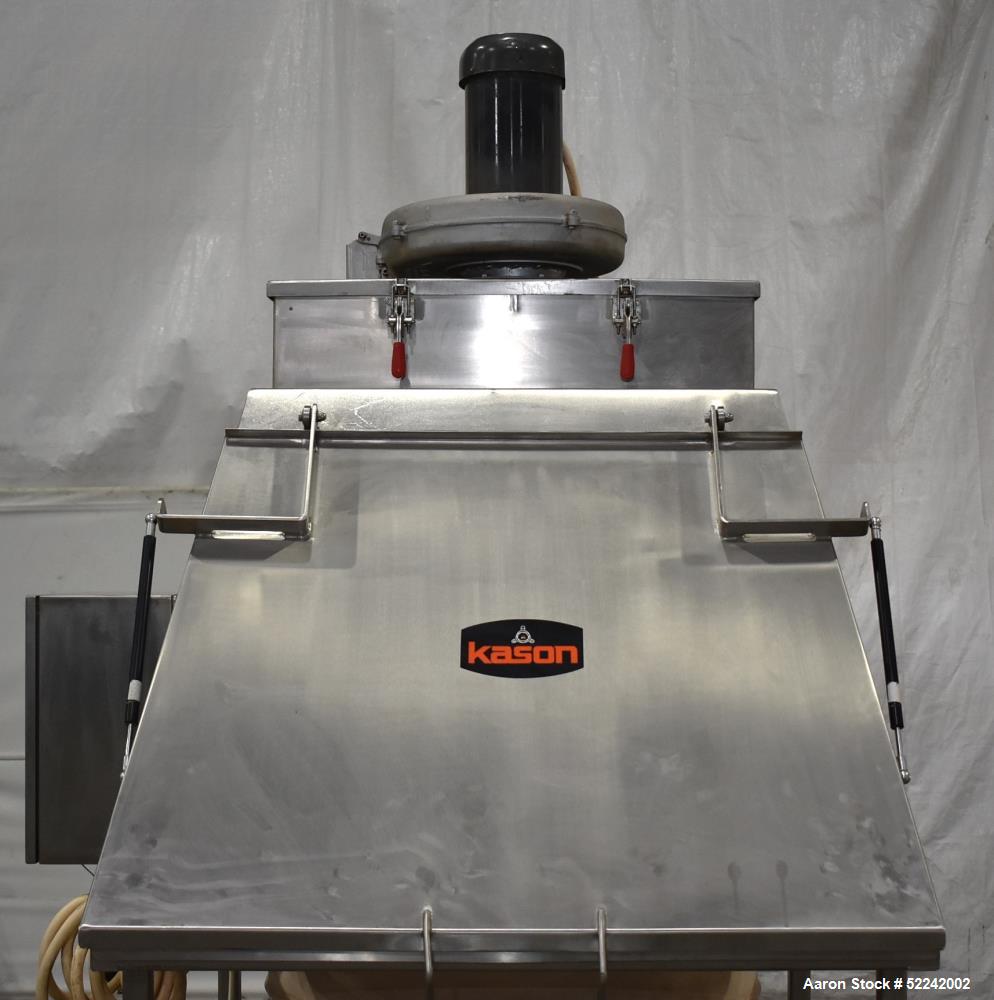 Used Kason Vibratory Flo-Thru Bag Dump Screener with Dust Collector, Model KEDS-K30-1-SS, Stainless Steel. 30" Diameter. Single deck, single separation. Driven by .33hp, 3/60/230/460 volt, 1140 rpm m...