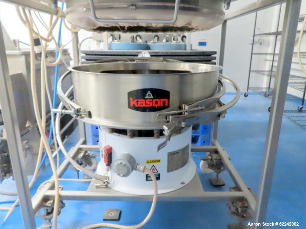 Used Kason Vibratory Flo-Thru Bag Dump Screener with Dust Collector, Model KEDS-K30-1-SS, Stainless Steel. 30" Diameter. Single deck, single separation. Driven by .33hp, 3/60/230/460 volt, 1140 rpm m...