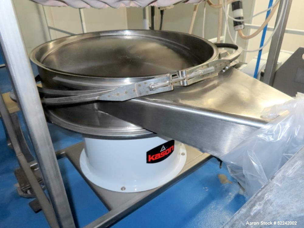 Used Kason Vibratory Flo-Thru Bag Dump Screener with Dust Collector, Model KEDS-K30-1-SS, Stainless Steel. 30" Diameter. Single deck, single separation. Driven by .33hp, 3/60/230/460 volt, 1140 rpm m...