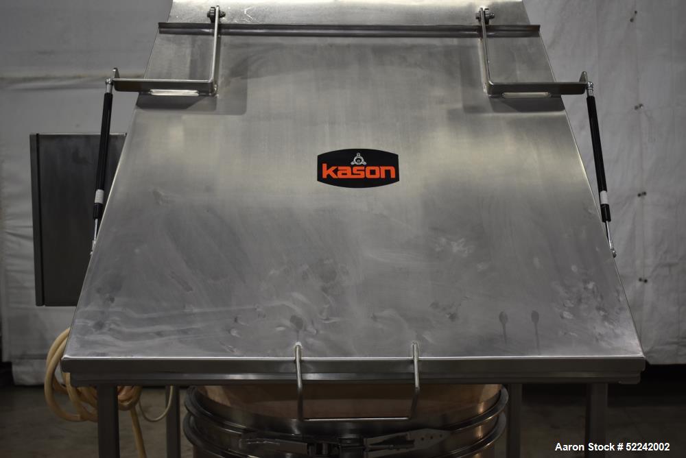 Used Kason Vibratory Flo-Thru Bag Dump Screener with Dust Collector, Model KEDS-K30-1-SS, Stainless Steel. 30" Diameter. Single deck, single separation. Driven by .33hp, 3/60/230/460 volt, 1140 rpm m...