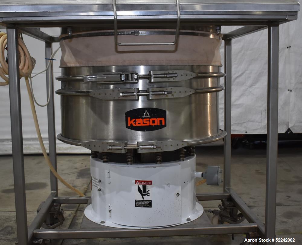 Used Kason Vibratory Flo-Thru Bag Dump Screener with Dust Collector, Model KEDS-K30-1-SS, Stainless Steel. 30" Diameter. Single deck, single separation. Driven by .33hp, 3/60/230/460 volt, 1140 rpm m...