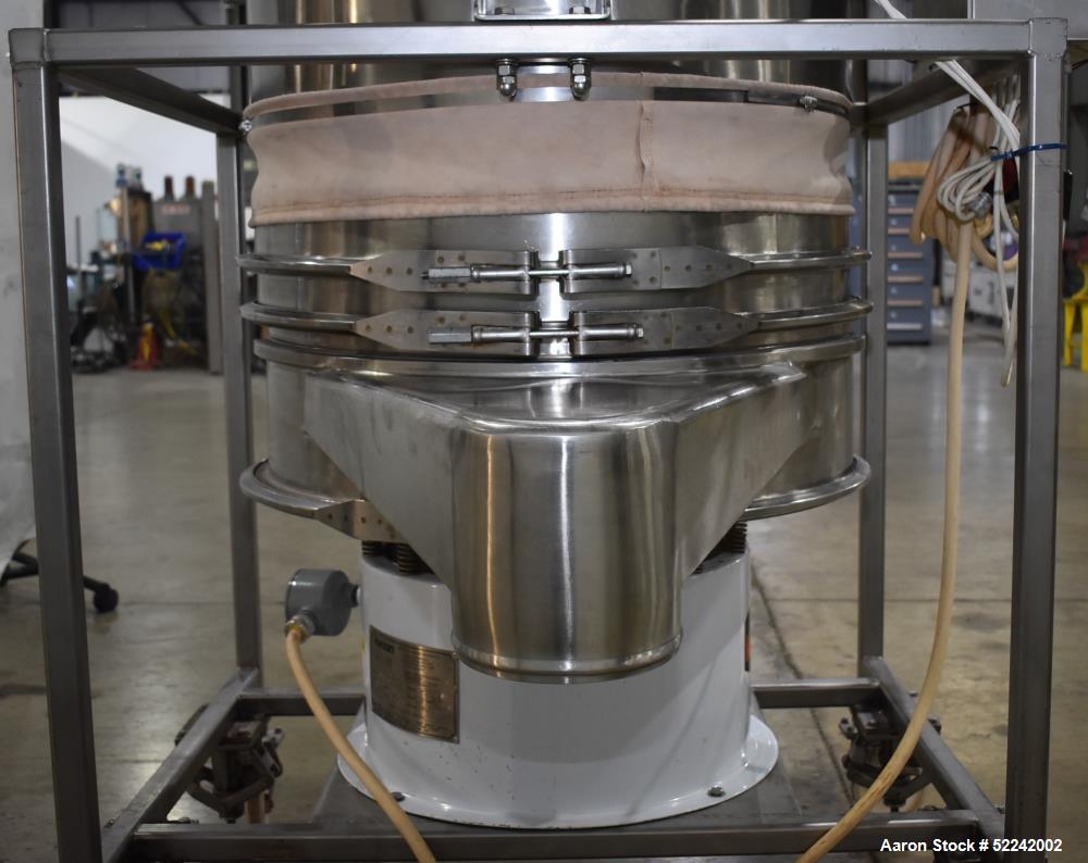 Used Kason Vibratory Flo-Thru Bag Dump Screener with Dust Collector, Model KEDS-K30-1-SS, Stainless Steel. 30" Diameter. Single deck, single separation. Driven by .33hp, 3/60/230/460 volt, 1140 rpm m...