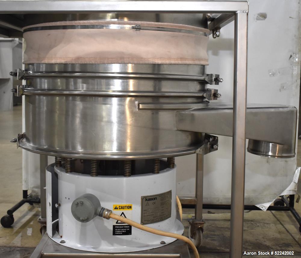 Used Kason Vibratory Flo-Thru Bag Dump Screener with Dust Collector, Model KEDS-K30-1-SS, Stainless Steel. 30" Diameter. Single deck, single separation. Driven by .33hp, 3/60/230/460 volt, 1140 rpm m...