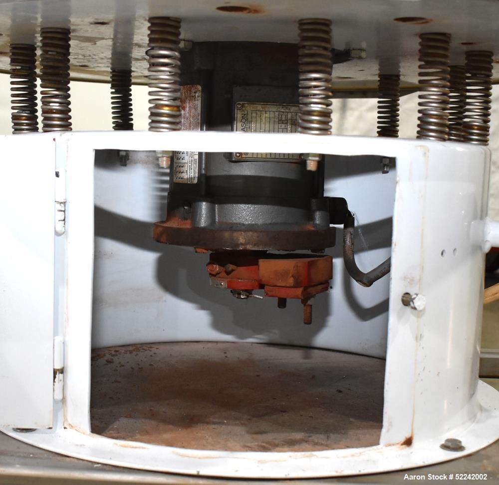 Used Kason Vibratory Flo-Thru Bag Dump Screener with Dust Collector, Model KEDS-K30-1-SS, Stainless Steel. 30" Diameter. Single deck, single separation. Driven by .33hp, 3/60/230/460 volt, 1140 rpm m...