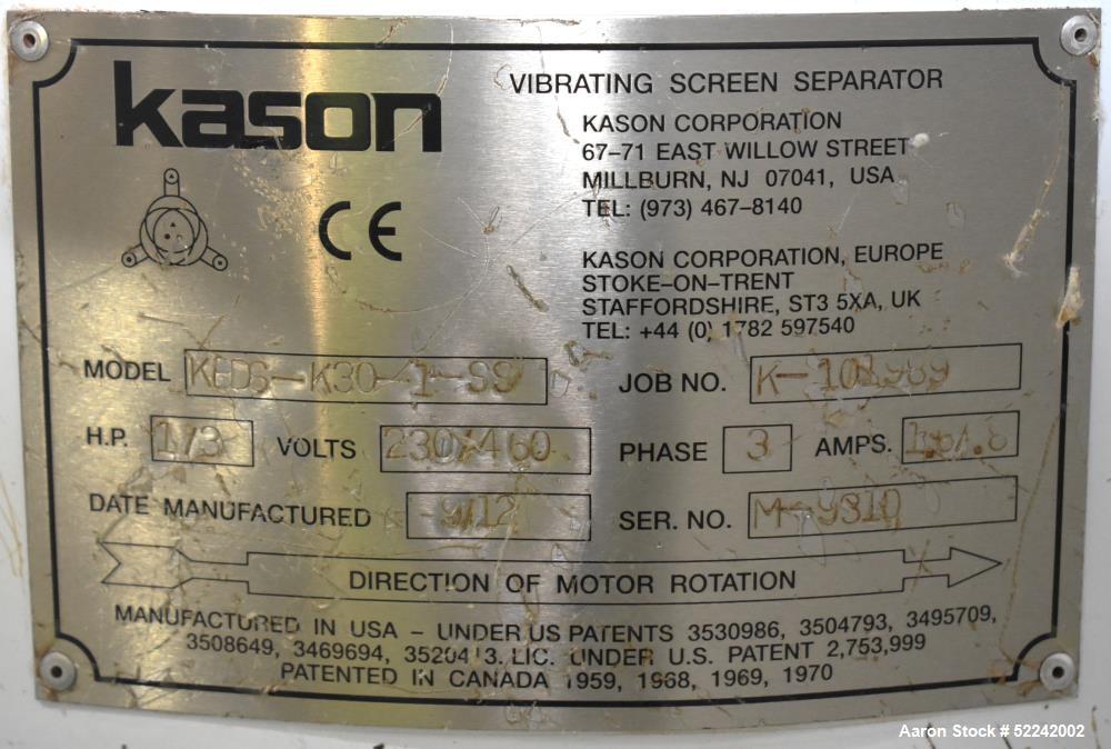Used- Kason Vibratory Flo-Thru Bag Dump Screener with Dust Collector, Model KEDS-K30-1-SS, Stainless Steel. 30" Diameter. Si...