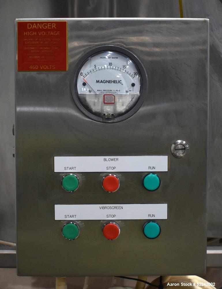 Used Kason Vibratory Flo-Thru Bag Dump Screener with Dust Collector, Model KEDS-K30-1-SS, Stainless Steel. 30" Diameter. Single deck, single separation. Driven by .33hp, 3/60/230/460 volt, 1140 rpm m...
