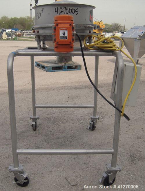 Used Kason Drum Sifter, Model KS-18-SS, 304 stainless steel. 16" diameter x 4" deep, single separation, no top cover. Driven by a (.05) hp, 1/60/115 volt, 1800 rpm motor. Mounted on a stainless steel...