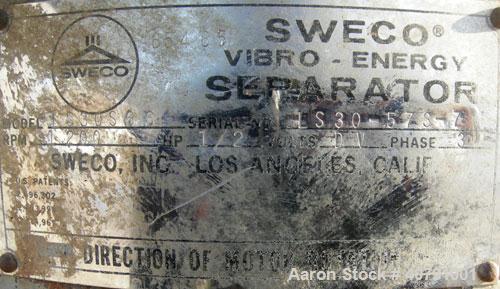 Used Sweco Screener, Model LS30S66, 316 stainless steel.  30" diameter, single deck, 2 separation, no top cover.  Driven by a 1/2 hp, 3/60/220/440 volt, 1140 rpm motor.  Mounted on a carbon steel fra...