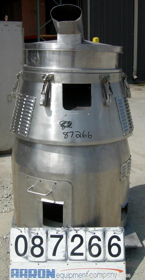 USED: MM Industries Vorti-Siv vibrating sieving and straining machine, model RBF-3, 316 stainless steel. (1) 30" diameter mesh sieve. Top feed with cover, side discharge chute. 7" high main sieve rim...