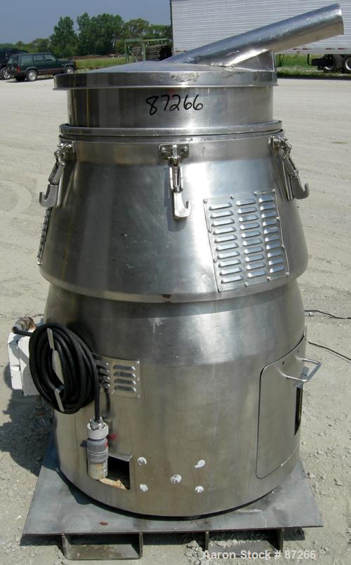 USED: MM Industries Vorti-Siv vibrating sieving and straining machine, model RBF-3, 316 stainless steel. (1) 30" diameter mesh sieve. Top feed with cover, side discharge chute. 7" high main sieve rim...
