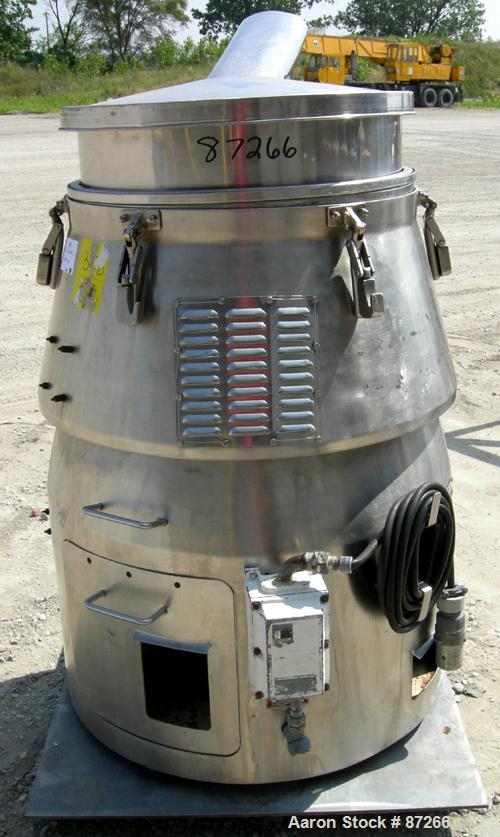 USED: MM Industries Vorti-Siv vibrating sieving and straining machine, model RBF-3, 316 stainless steel. (1) 30" diameter mesh sieve. Top feed with cover, side discharge chute. 7" high main sieve rim...