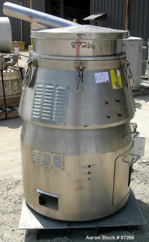 USED: MM Industries Vorti-Siv vibrating sieving and straining machine, model RBF-3, 316 stainless steel. (1) 30" diameter mesh sieve. Top feed with cover, side discharge chute. 7" high main sieve rim...