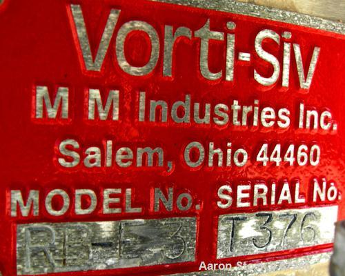 USED: MM Industries Vorti-Siv vibrating sieving and straining machine, model RBF-3, 316 stainless steel. (1) 30" diameter mesh sieve. Top feed with cover, side discharge chute. 7" high main sieve rim...