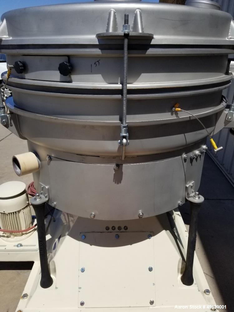 Used Minox Tumbler Screening Machine, Model MTS1000/2. 1000MM diameter (39.3"). Stainless Steel, Double Deck, 3 Separation, Stainless Steel Top Cover. Driven by a 3 HP, 3/60/255-460v Motor. Mfg. 2002.