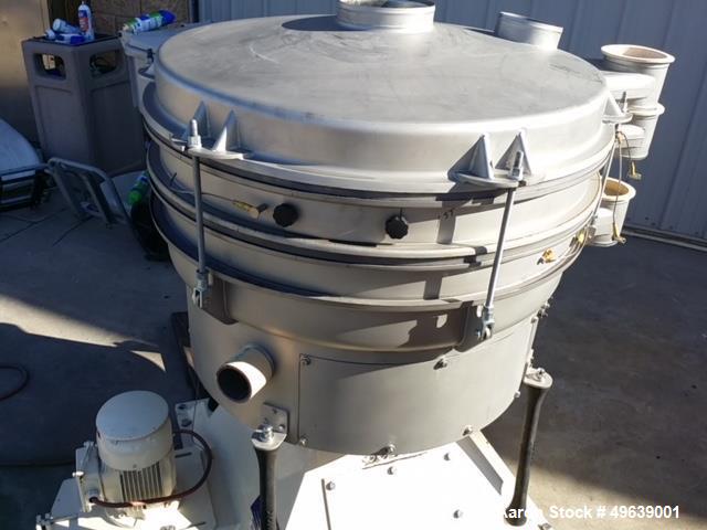 Used Minox Tumbler Screening Machine, Model MTS1000/2. 1000MM diameter (39.3"). Stainless Steel, Double Deck, 3 Separation, Stainless Steel Top Cover. Driven by a 3 HP, 3/60/255-460v Motor. Mfg. 2002.