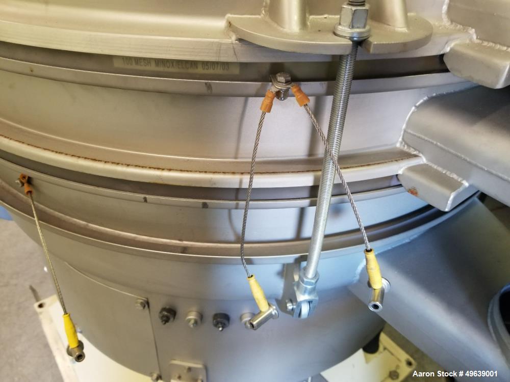 Used Minox Tumbler Screening Machine, Model MTS1000/2. 1000MM diameter (39.3"). Stainless Steel, Double Deck, 3 Separation, Stainless Steel Top Cover. Driven by a 3 HP, 3/60/255-460v Motor. Mfg. 2002.