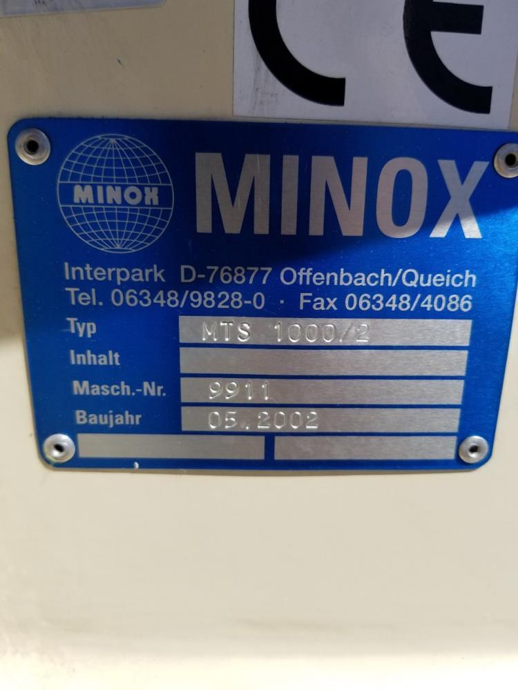 Used Minox Tumbler Screening Machine, Model MTS1000/2. 1000MM diameter (39.3"). Stainless Steel, Double Deck, 3 Separation, Stainless Steel Top Cover. Driven by a 3 HP, 3/60/255-460v Motor. Mfg. 2002.