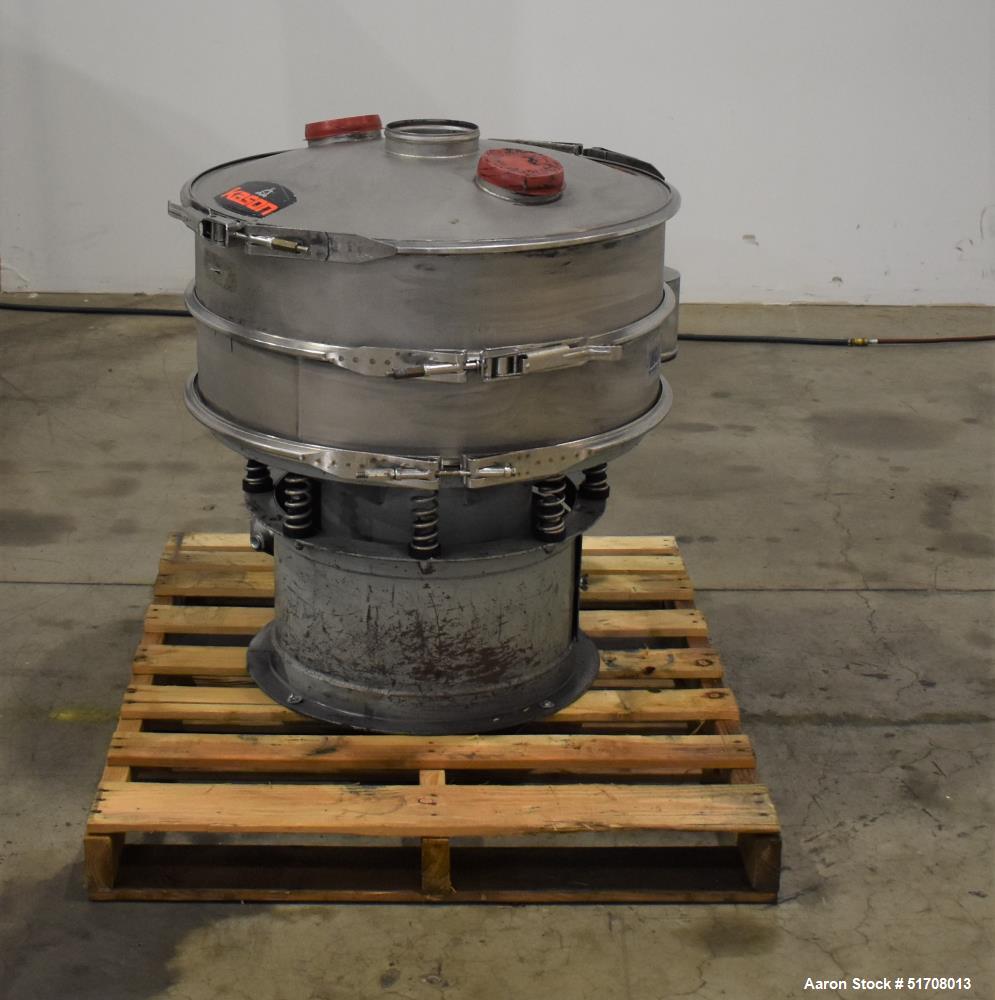 Used- Macon Screen, 30" Diameter, 304 Stainless Steel. Single deck, 2 separation. No screen. Top clamp-on cover with 6" cent...