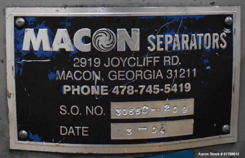 Used- Macon Screen, 30" Diameter, 304 Stainless Steel. Single deck, 2 separation. No screen. Top clamp-on cover with 6" cent...