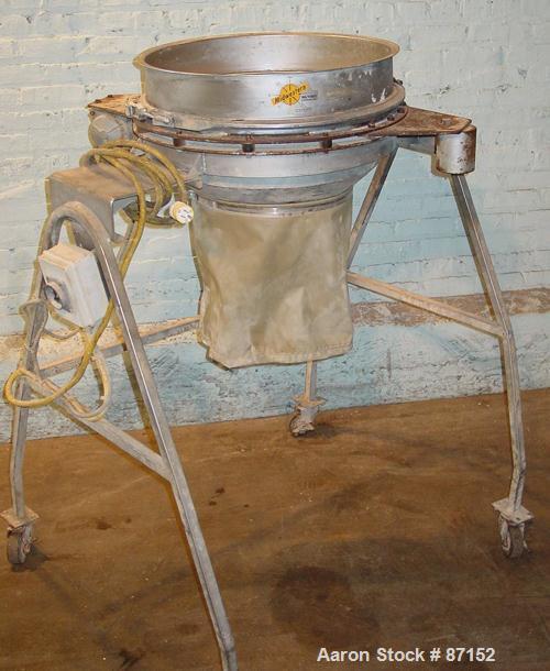 Used Midwest Fabricators Screener, Stainless Steel. 22" diameter, single deck. No top cover. Driven by an approximate 1/4 HP motor. Mounted on a stainless steel frame with casters. Approximate 40" di...