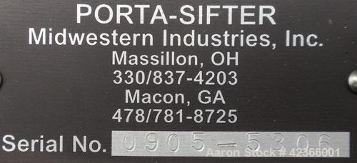 Unused- Midwestern Industries Porta-Sifter, model 55E, 304 stainless steel. 22-1/2’’ Diameter x 4’’ deep single deck with a 250m screen. No top cover, coned bottom chute with a 6’’ outlet. Driven by ...