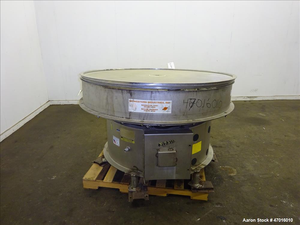 Used Midwestern Industries Screener, Model ME60S8-4-4-4, 304 Stainless Steel. 60" diameter, single, 1 separation. Driven by a 3 hp, 3/60/230/460 volt, 1750 rpm motor. Mounted on a base with 4 legs. S...