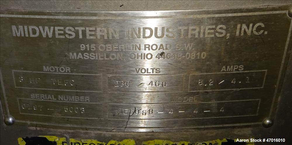 Used Midwestern Industries Screener, Model ME60S8-4-4-4, 304 Stainless Steel. 60" diameter, single, 1 separation. Driven by a 3 hp, 3/60/230/460 volt, 1750 rpm motor. Mounted on a base with 4 legs. S...