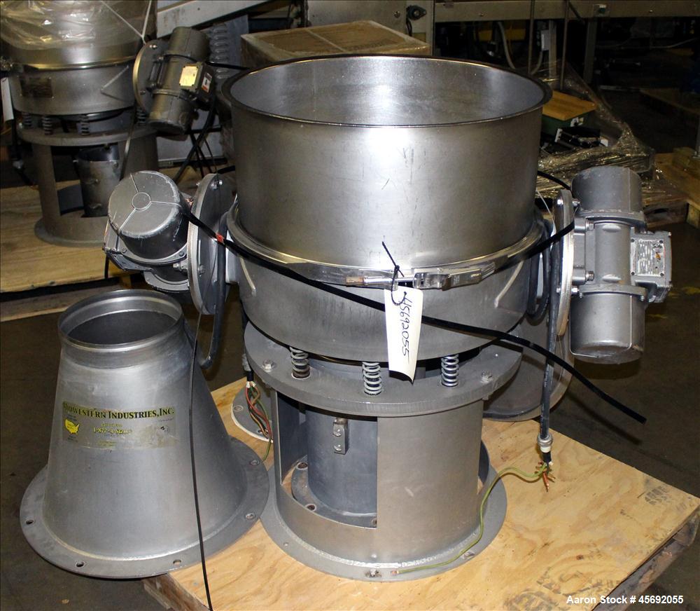 Used Midwestern Industries Sifter/Scalper, Model MLP24S6-10, 304 Stainless Steel. 24" diameter, single deck, 1 separation. Approximately 10" diameter bottom outlet. Driven by (2) .38 hp, 230/460, 180...