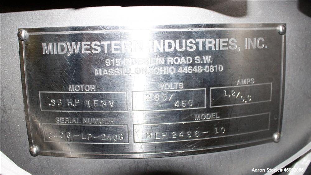 Used Midwestern Industries Sifter/Scalper, Model MLP24S6-10, 304 Stainless Steel. 24" diameter, single deck, 1 separation. Approximately 10" diameter bottom outlet. Driven by (2) .38 hp, 230/460, 180...