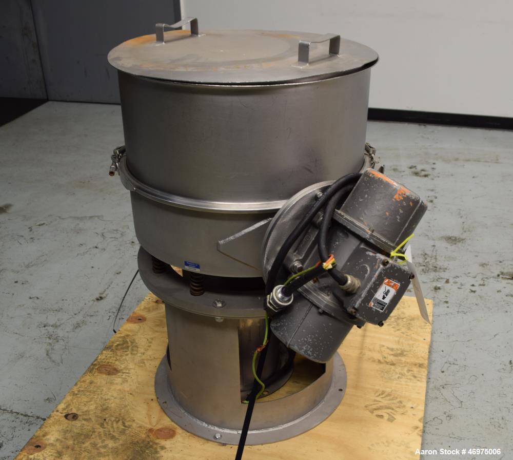 Used Midwestern Industries Low Profile Wet Scalping Screener, Model MLP24S6-10, 304 Stainless Steel. Approximate 24" diameter single deck, single separation. Top cover, screen, bottom outlet. Driven ...