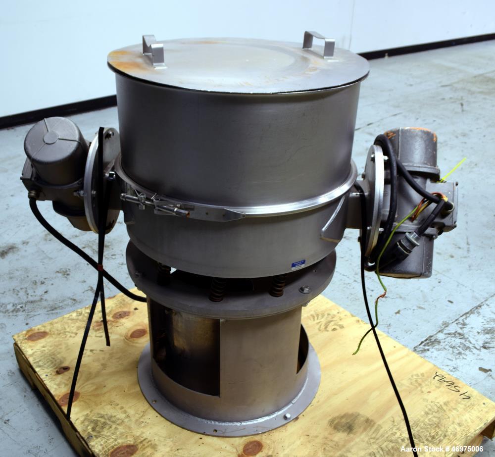 Used Midwestern Industries Low Profile Wet Scalping Screener, Model MLP24S6-10, 304 Stainless Steel. Approximate 24" diameter single deck, single separation. Top cover, screen, bottom outlet. Driven ...