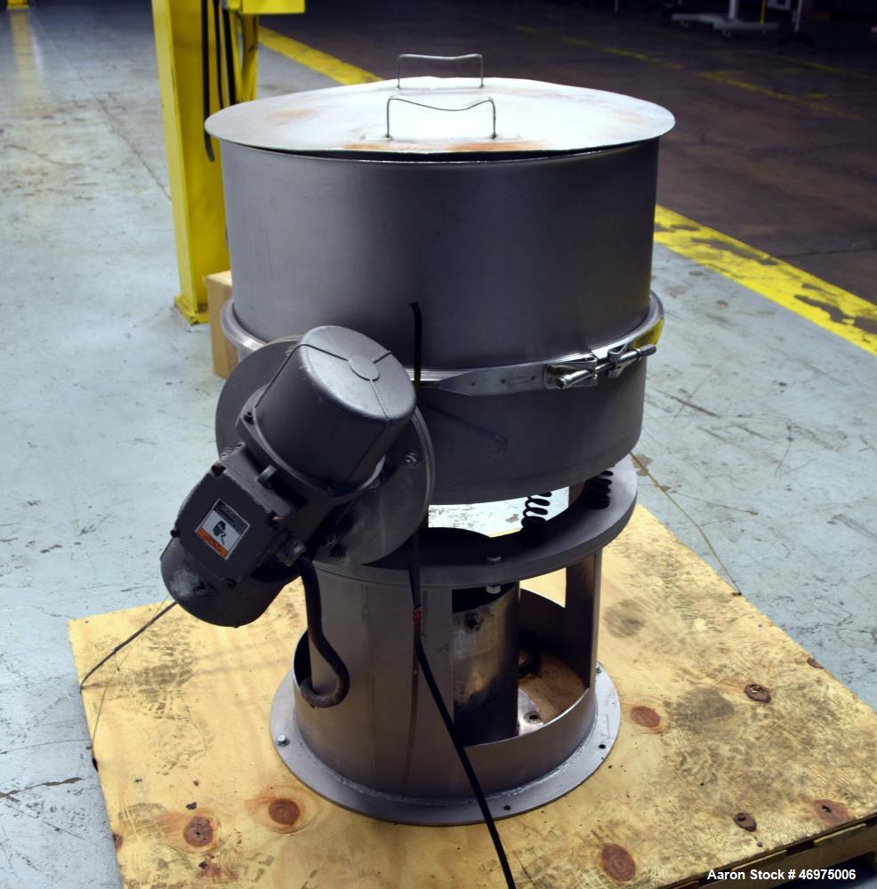 Used Midwestern Industries Low Profile Wet Scalping Screener, Model MLP24S6-10, 304 Stainless Steel. Approximate 24" diameter single deck, single separation. Top cover, screen, bottom outlet. Driven ...