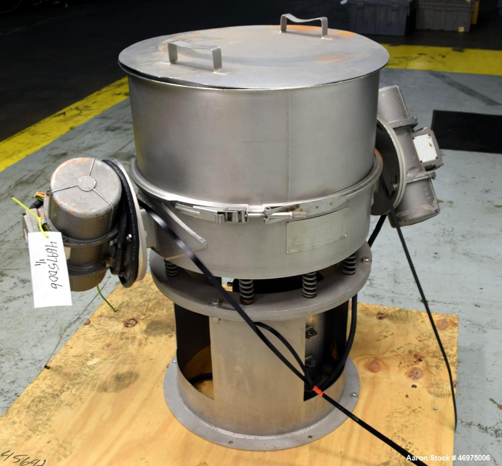 Used Midwestern Industries Low Profile Wet Scalping Screener, Model MLP24S6-10, 304 Stainless Steel. Approximate 24" diameter single deck, single separation. Top cover, screen, bottom outlet. Driven ...