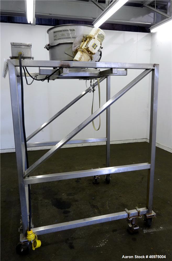 Used Midwestern Industries Vibratory Scalping Screener, Model MLP24S6-4, 304 Stainless Steel. Approximate 24" diameter single deck, 1 separation. No top cover. Bottom outlet. Driven by (2) 0.38hp, 3/...