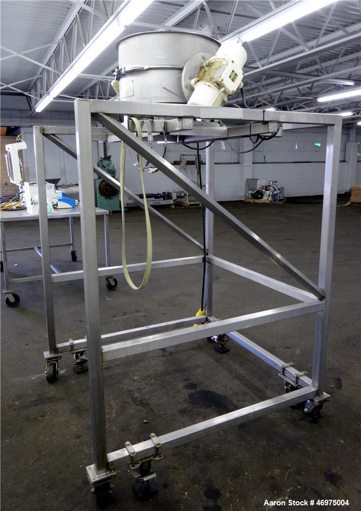 Used Midwestern Industries Vibratory Scalping Screener, Model MLP24S6-4, 304 Stainless Steel. Approximate 24" diameter single deck, 1 separation. No top cover. Bottom outlet. Driven by (2) 0.38hp, 3/...
