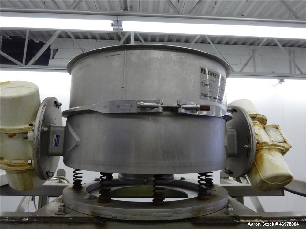 Used Midwestern Industries Vibratory Scalping Screener, Model MLP24S6-4, 304 Stainless Steel. Approximate 24" diameter single deck, 1 separation. No top cover. Bottom outlet. Driven by (2) 0.38hp, 3/...