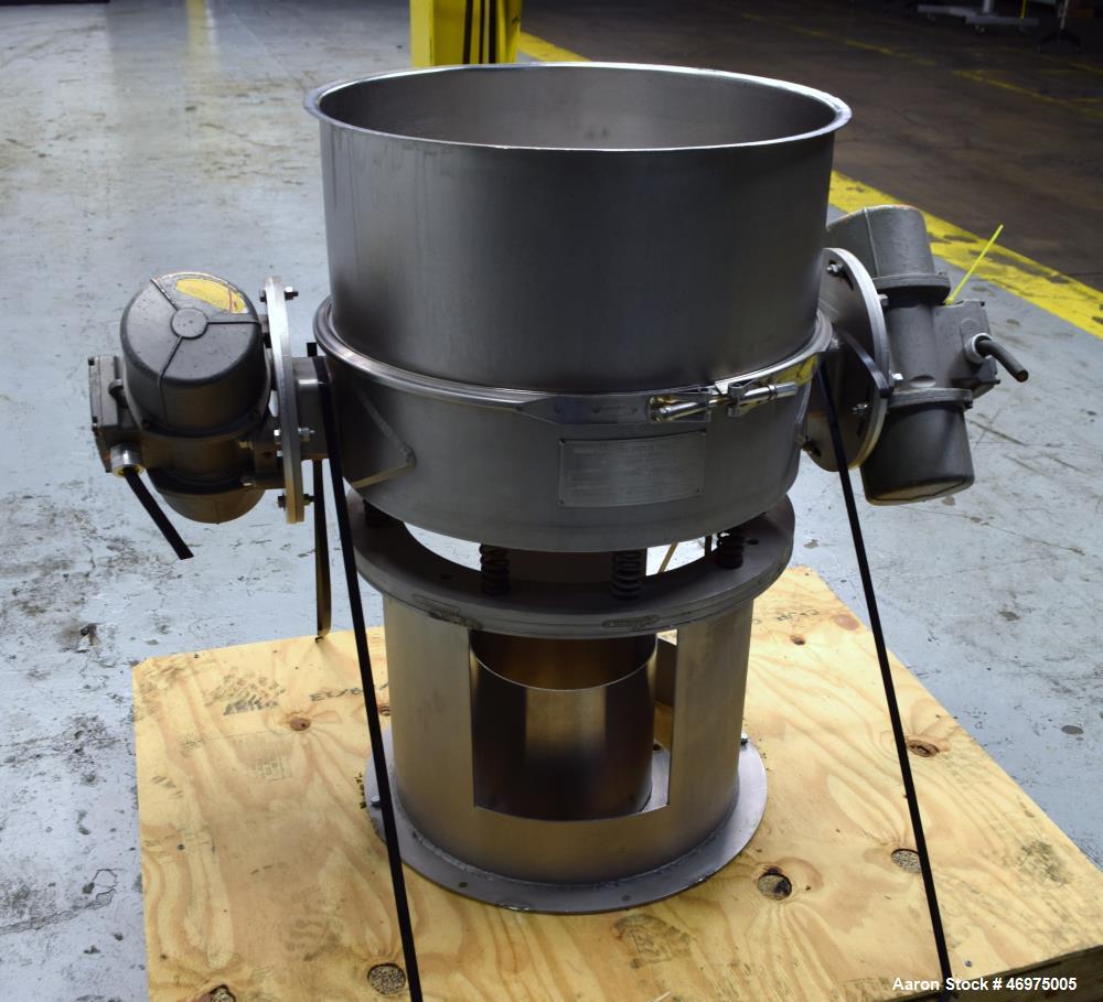 Used Midwestern Industries Low Profile Wet Scalping Screener, Model MLP24S6-4, 304 Stainless Steel. Approximate 24" diameter single deck, single separation. No top cover, includes a screen, bottom ou...